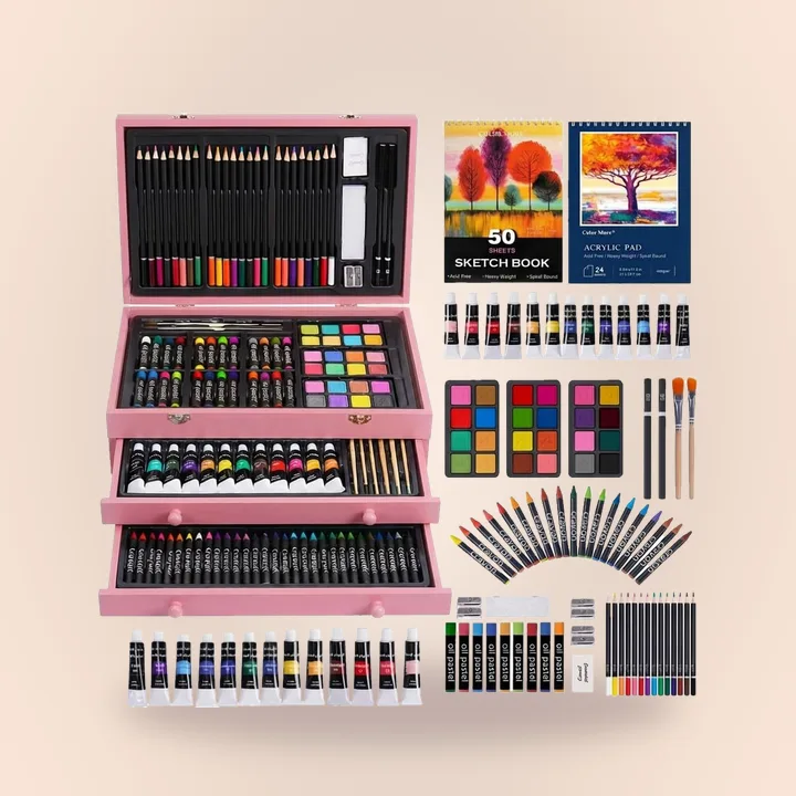 Wooden case art set with paints, pencils and drawing pads