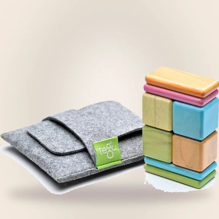 Eight magnetic wooden blocks in a pouch