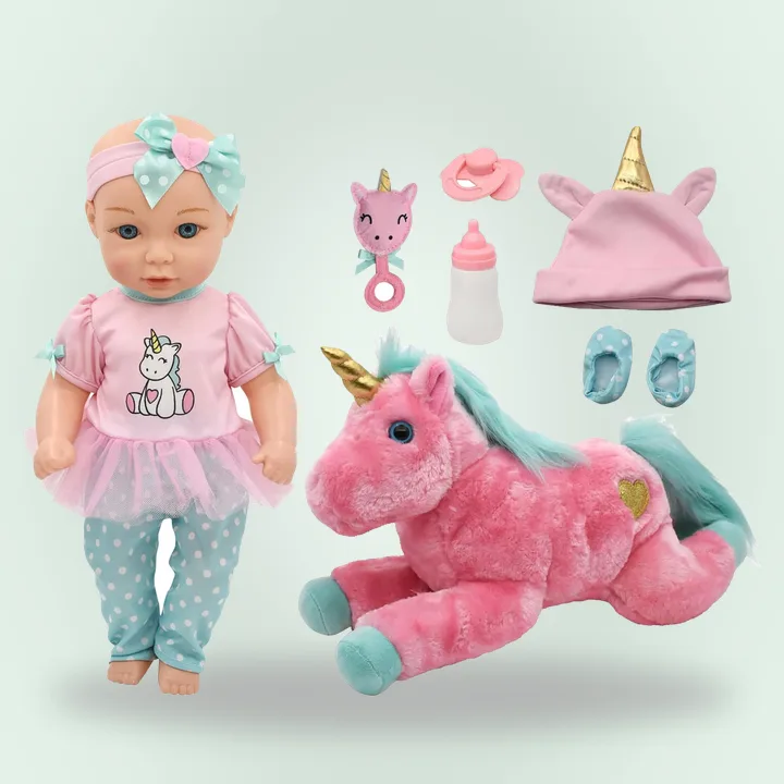 Baby doll with a plush unicorn
