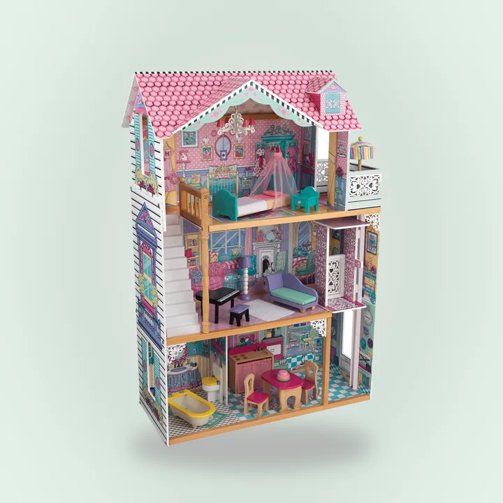 Wooden dollhouse with elevator and balcony