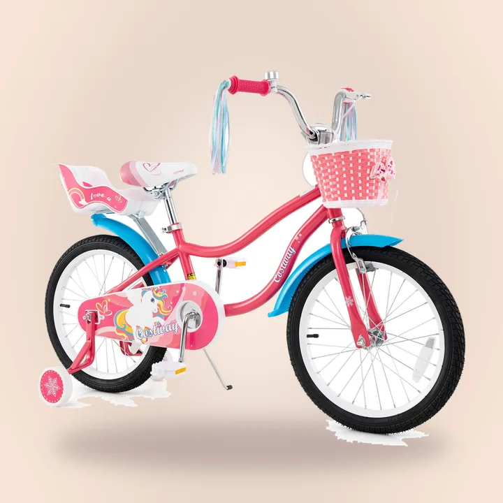 Pink kids bicycle with training wheels and basket