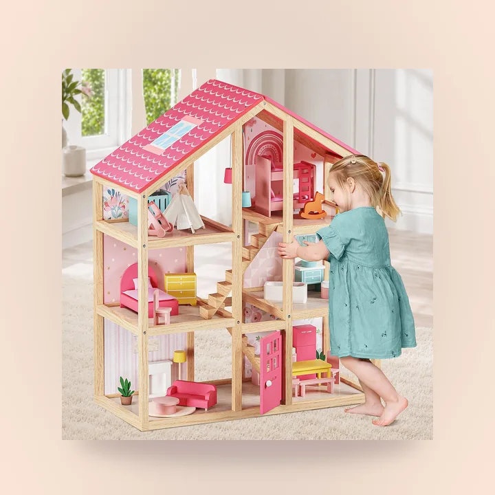 Six-room wooden dollhouse