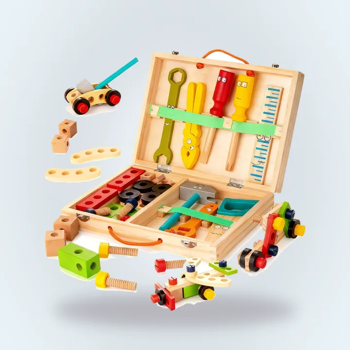 Wooden toolbox with toy tools and building pieces