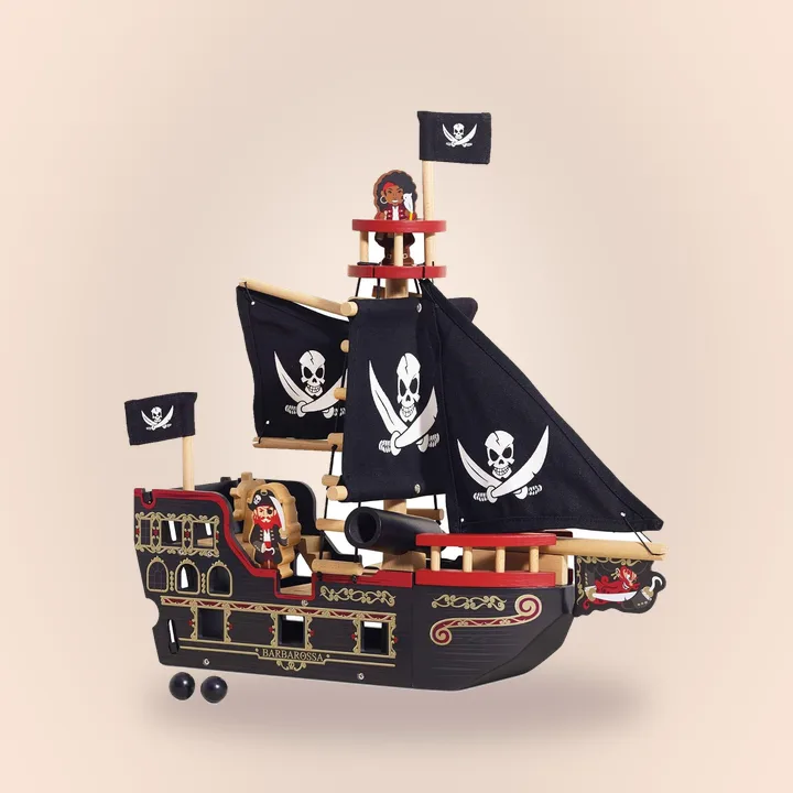Wooden pirate ship playset with two pirates