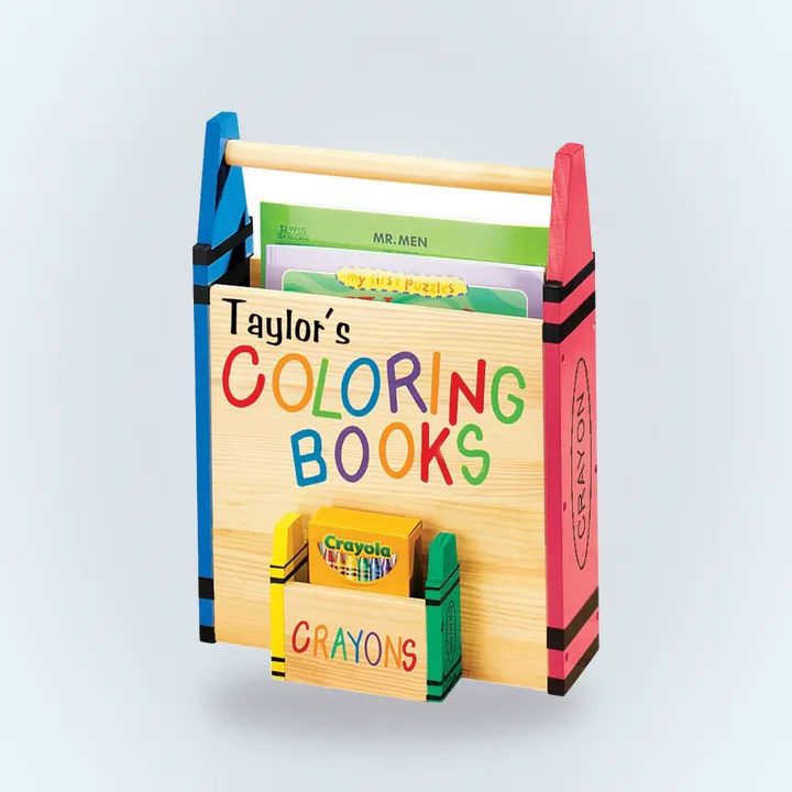Wooden coloring book caddy with crayon-shaped sides