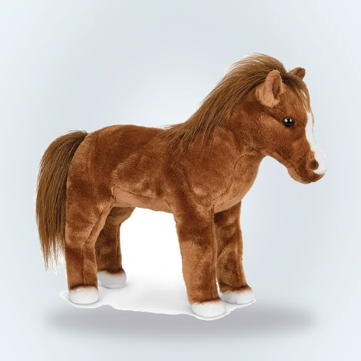 Brown plush horse with white hooves
