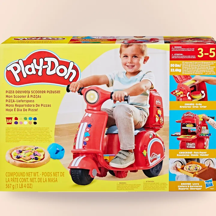 Ride-on scooter play kitchen with Play-Doh pizza