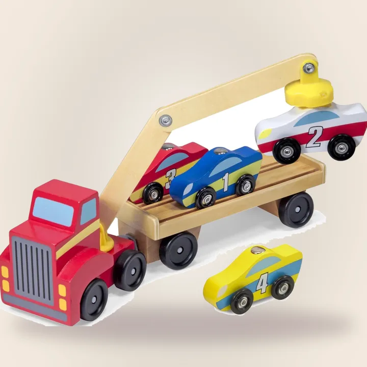 Wooden truck with magnetic crane and four toy cars