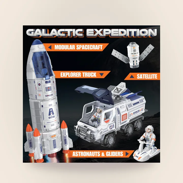 Toy rocket ship and space shuttle set with astronaut figures