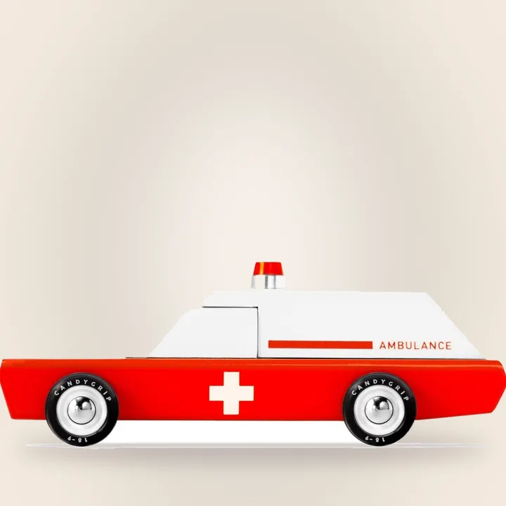 Handcrafted wooden ambulance toy car