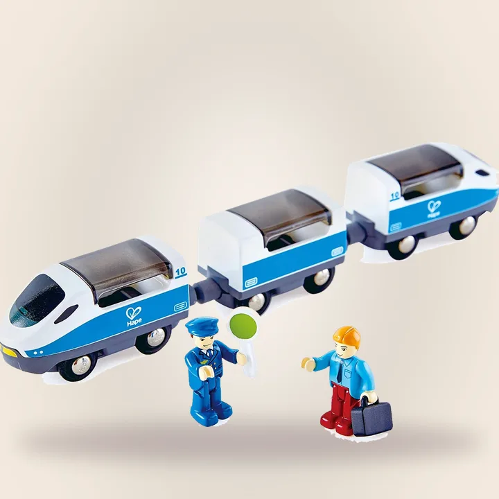 Wooden toy train with figures and magnetic carriages