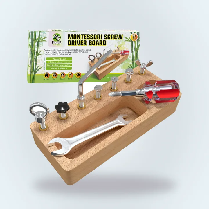 Wooden screwdriver busy board with colored screws