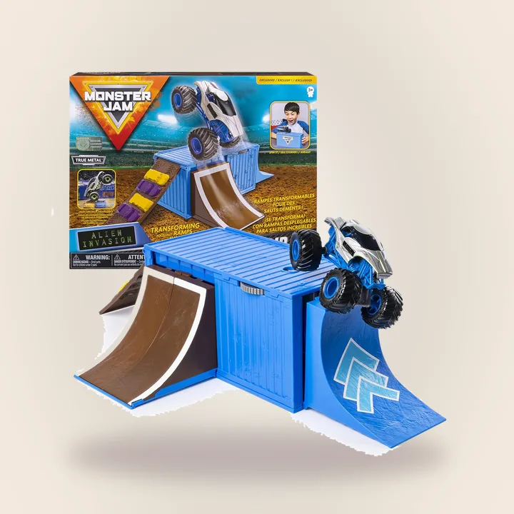 Monster Jam transforming playset with a toy truck