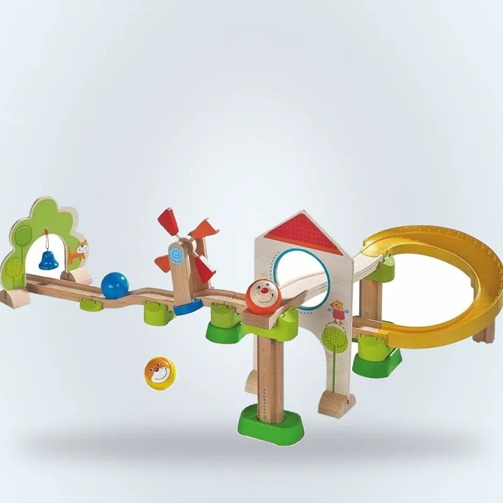 Wooden marble run with a windmill