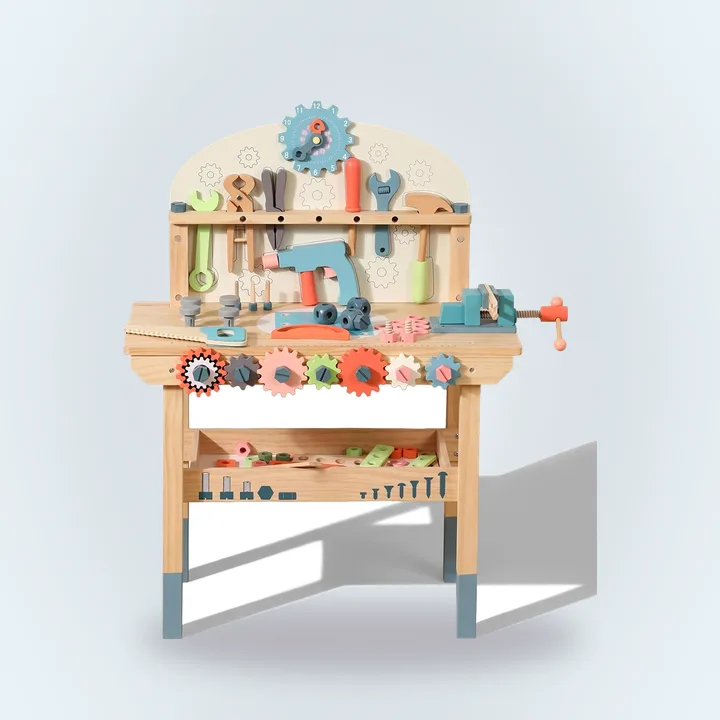 Wooden toy workbench with tools