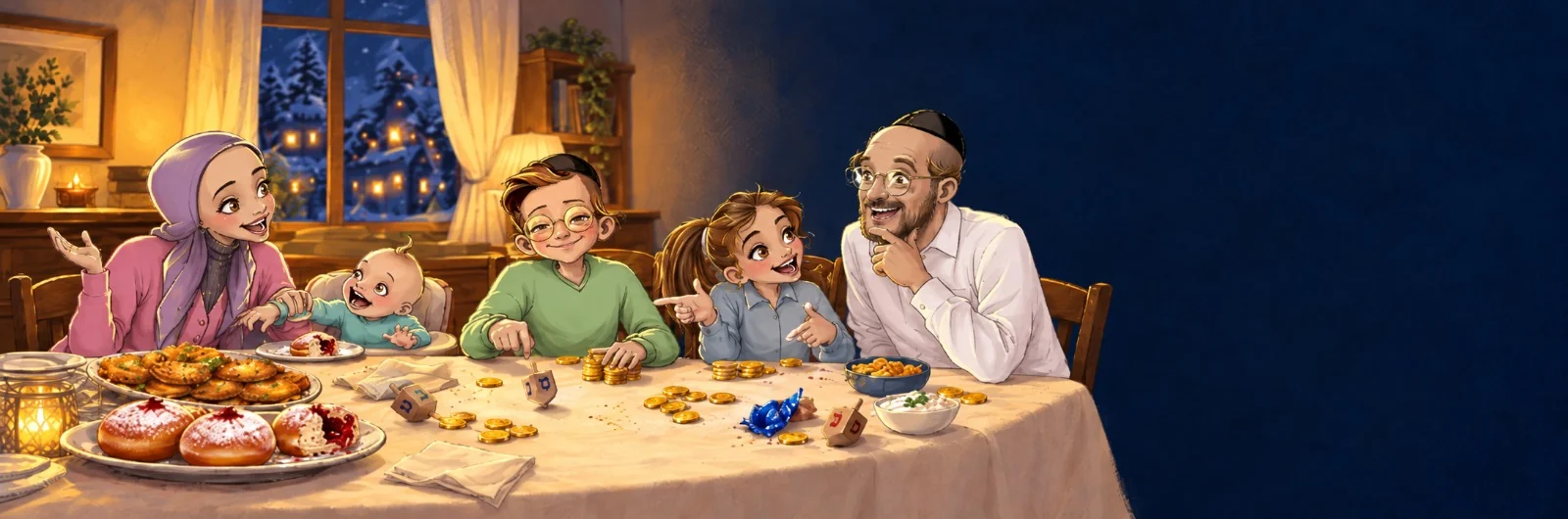 The Chagim family around a Chanukah table on a snowy night, playing dreidel beside a platter of sufganiyot