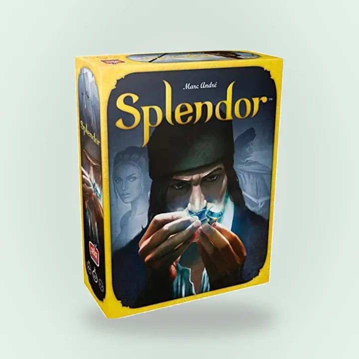 Splendor board game box with gem tokens