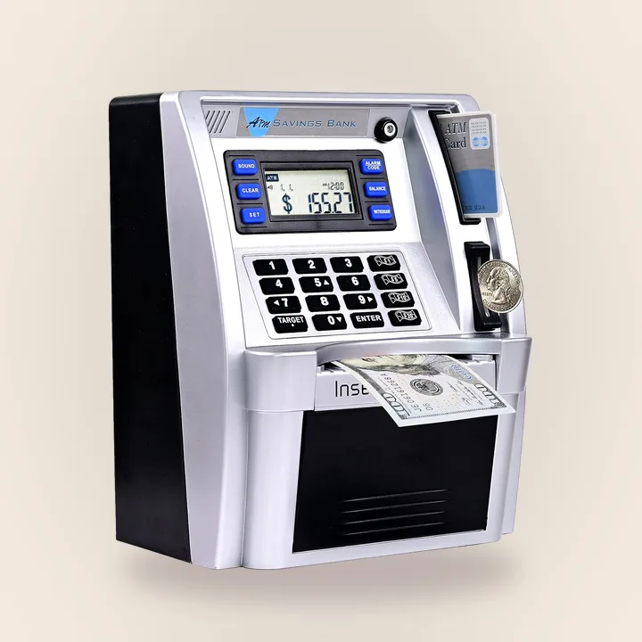 Silver and black ATM-style electronic piggy bank