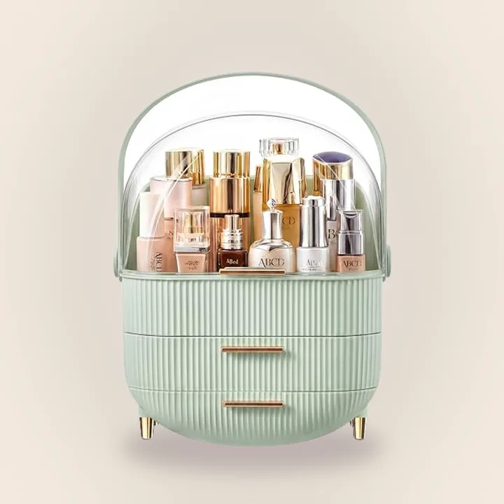 Makeup organizer with drawers and a lighted mirror