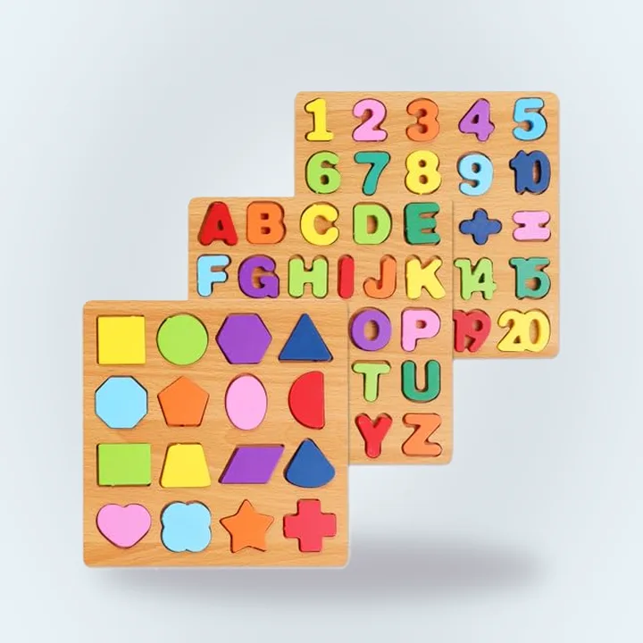 Three wooden alphabet and shape puzzles