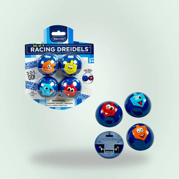 Set of four pull-back racing dreidels