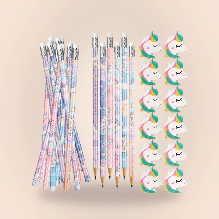Unicorn pencils and erasers