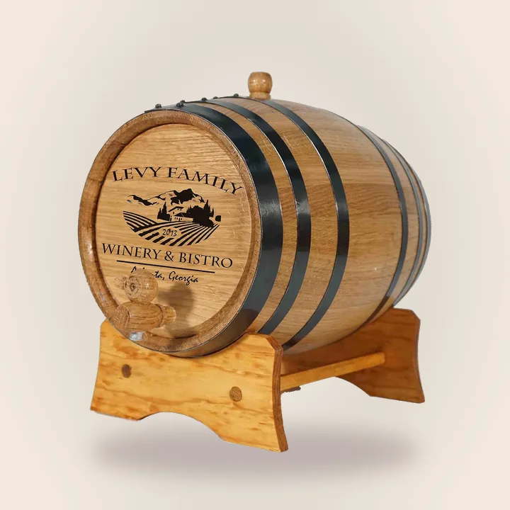 Small oak barrel on a wooden stand