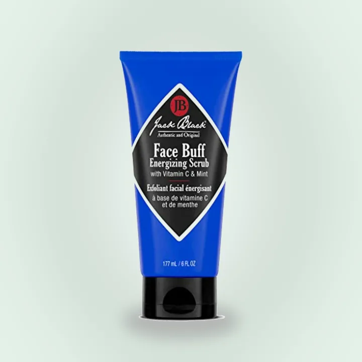 Bottle of men’s exfoliating face scrub