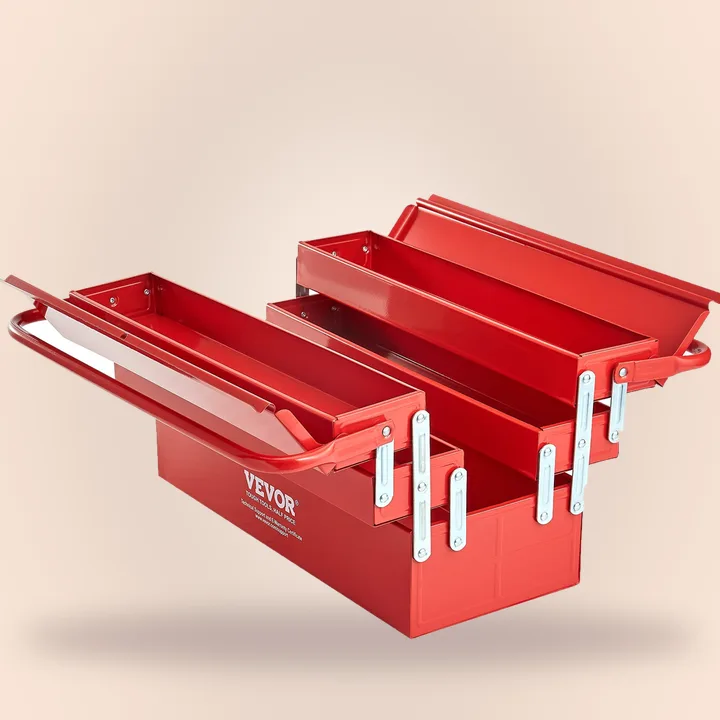 Red folding tool box with trays