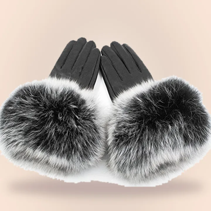 Pair of black lambskin gloves with white fur trim
