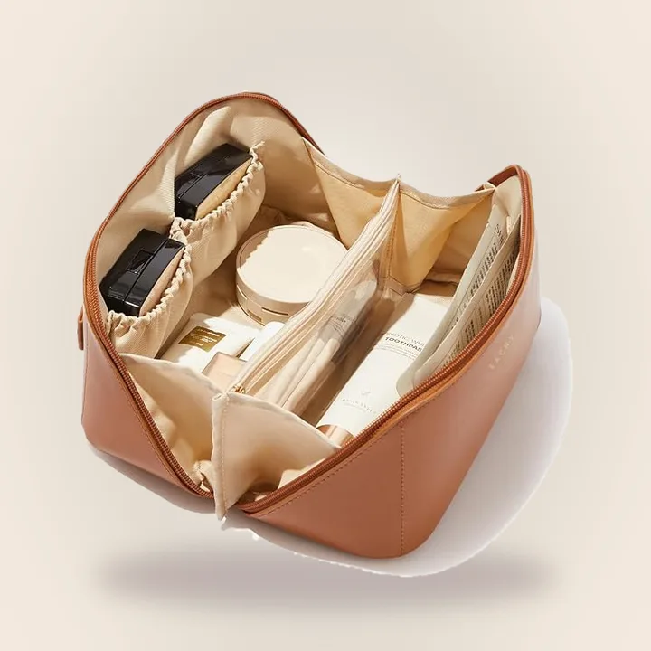 Brown PU leather makeup bag