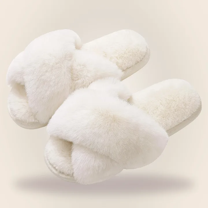 White fuzzy open-toe slippers