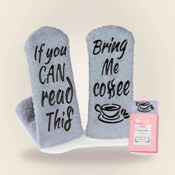 Fuzzy socks that say bring me coffee