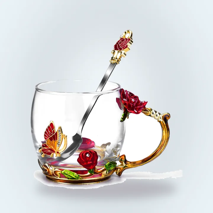 Glass tea cup with enamel design