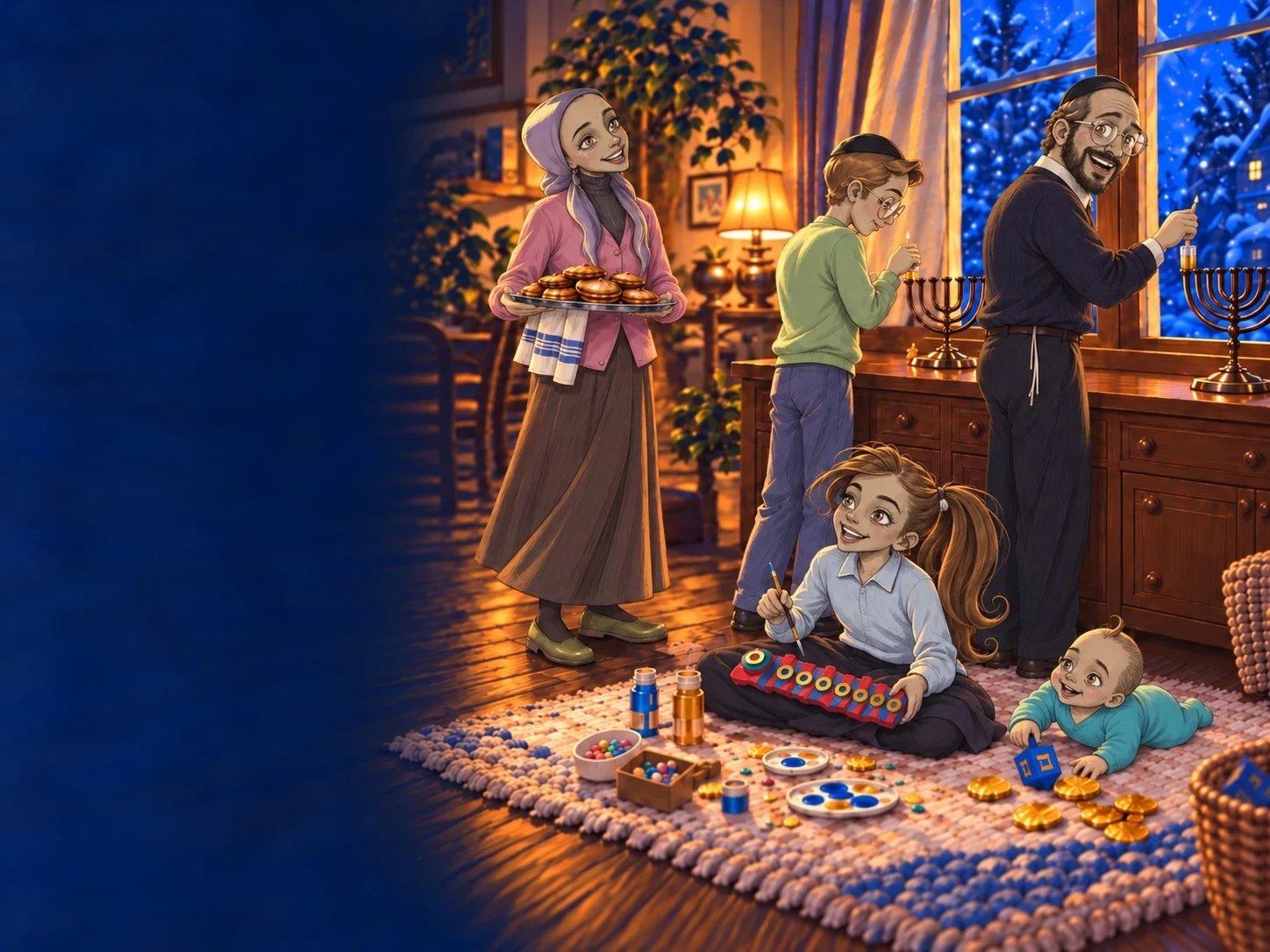 The Chagim family on a snowy Chanukah night: Ima carries a tray of sufganiyot while Abba and Mordy light menorahs at the window and Mindy paints a dreidel menorah on the rug
