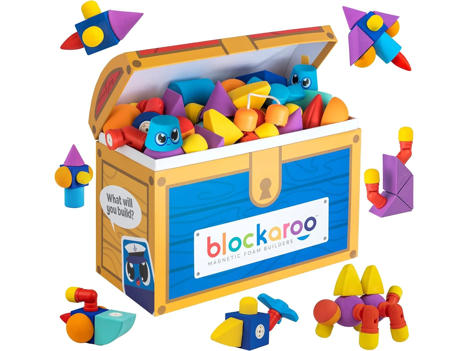 Blockaroo magnetic foam building blocks spilling out of their treasure chest, a Gift Guide pick for ages 3 and up
