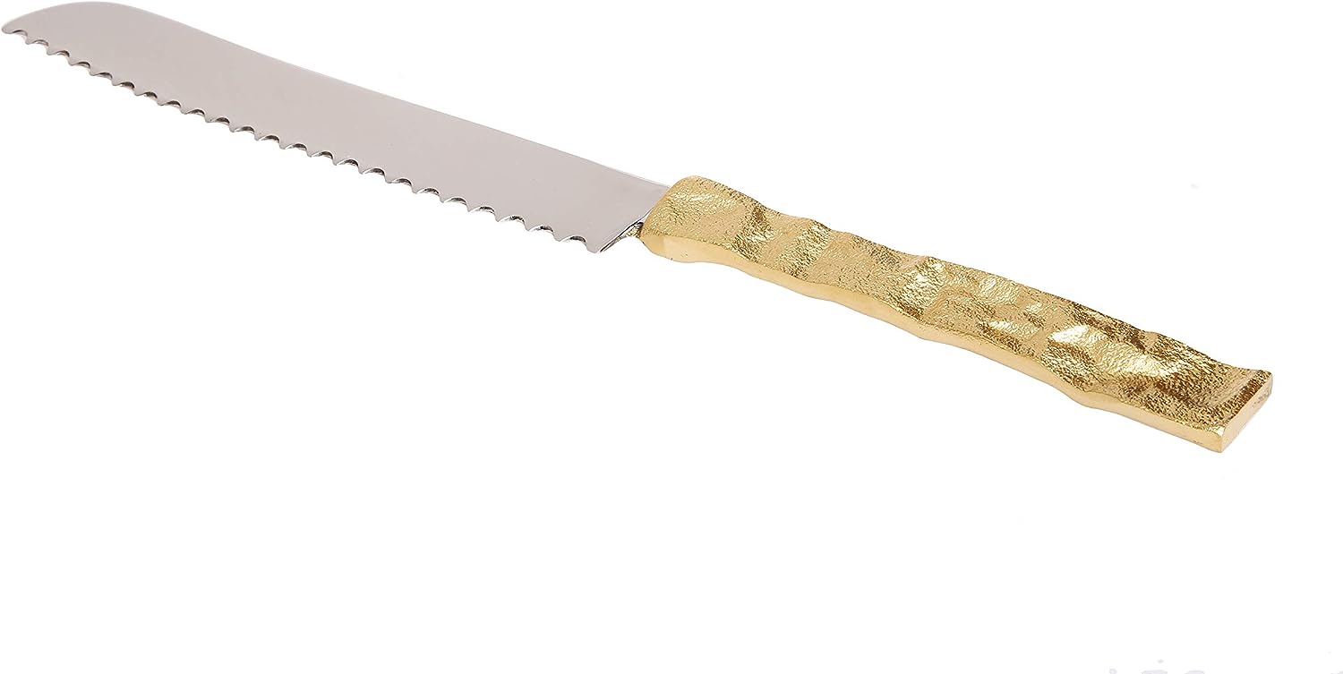 A challah knife with a serrated stainless steel blade and a textured gold handle, on a white background.