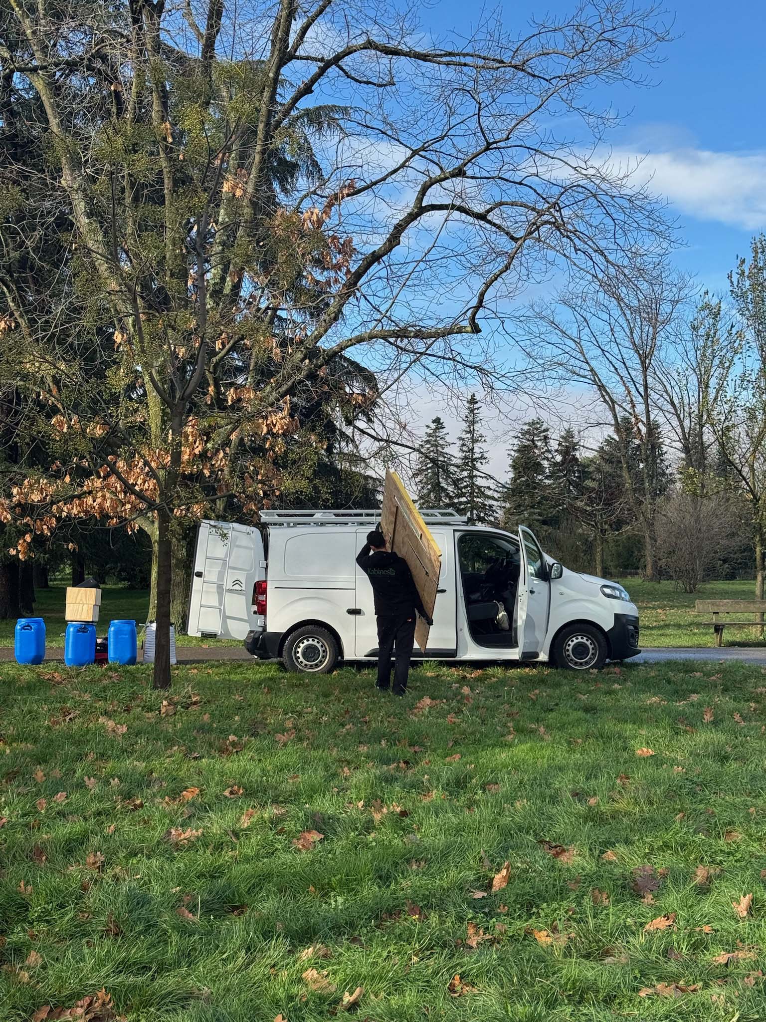Homme transportant une grande planche en bois vers une camionnette blanche stationnée près d'un arbre dans un parc.