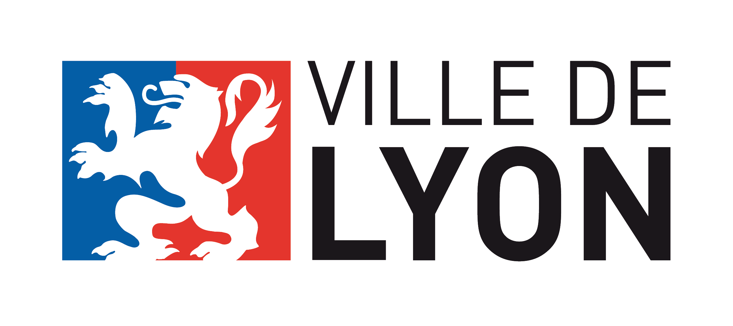 Emblème de la ville de Lyon avec un lion noir sur fond bleu et rouge à côté du texte 'VILLE DE LYON'.