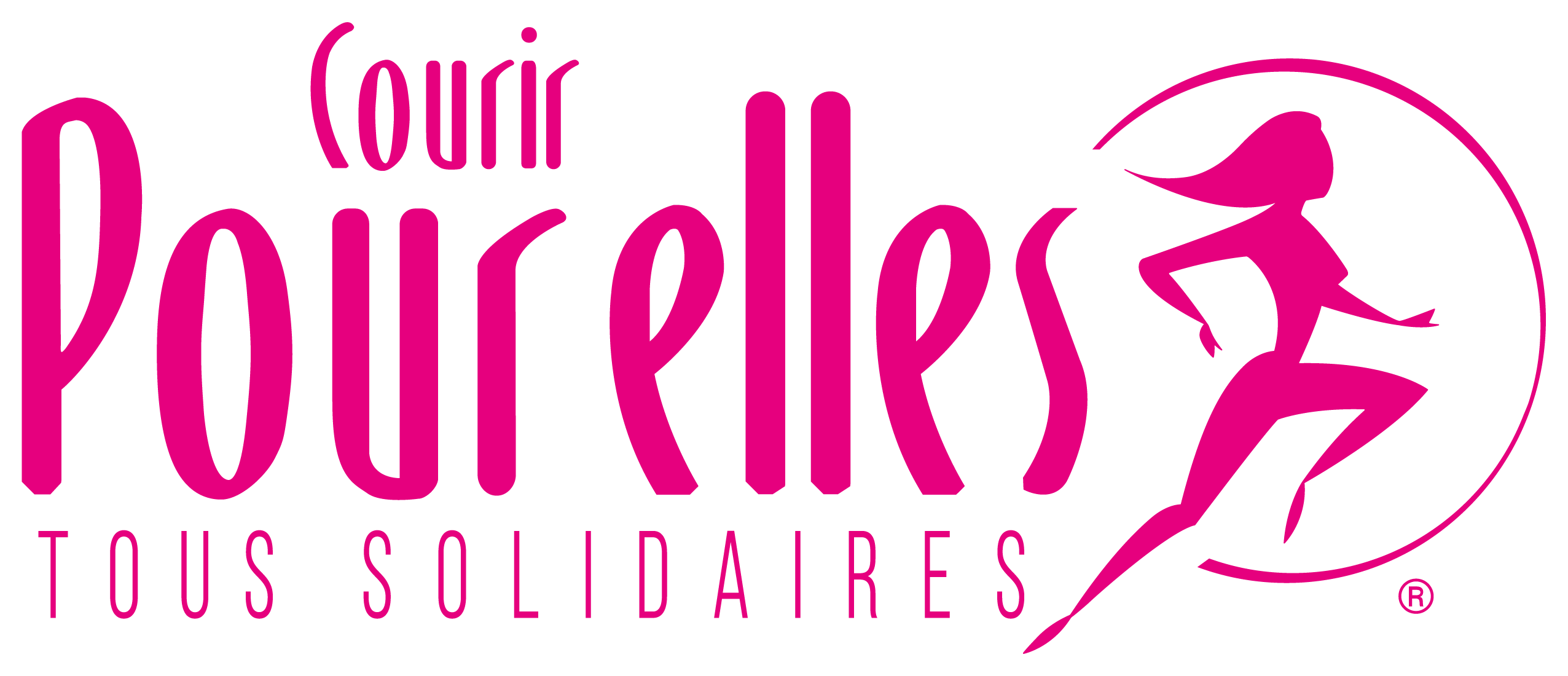 Logo rose avec une silhouette de femme en course et le texte Courir Pour Elles Tous Solidaires.