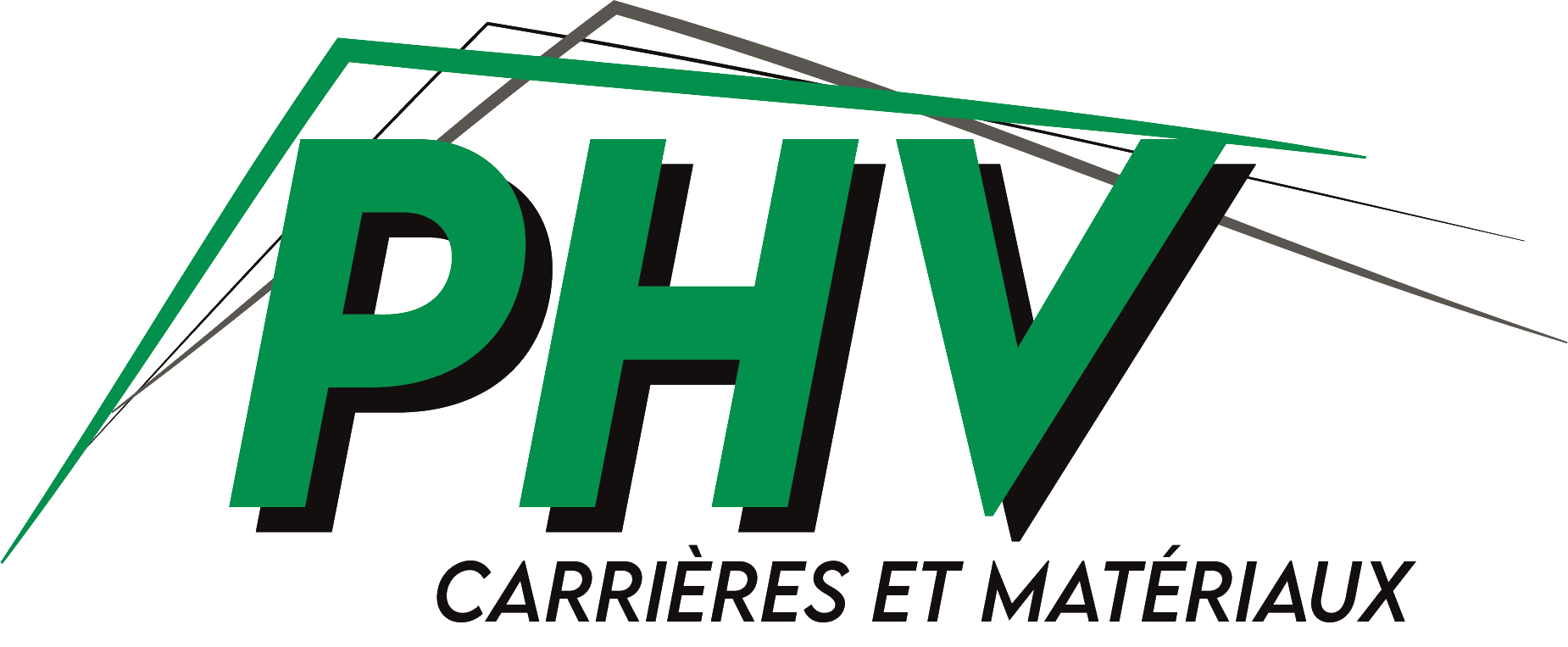 Logo PHV avec un cadre angulaire vert, texte vert et noir, et inscription "Carrières et matériaux" en français.