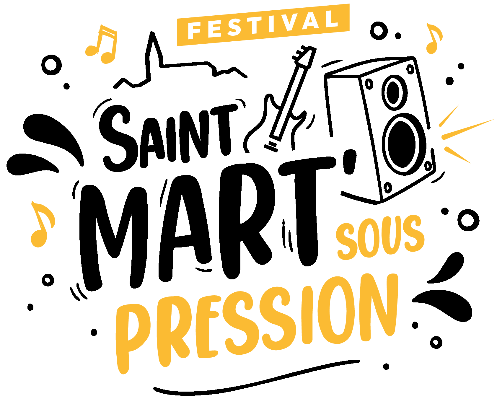 Logo du festival jazz sous pression avec notes de musique jaunes et texte décalé sur fond noir.