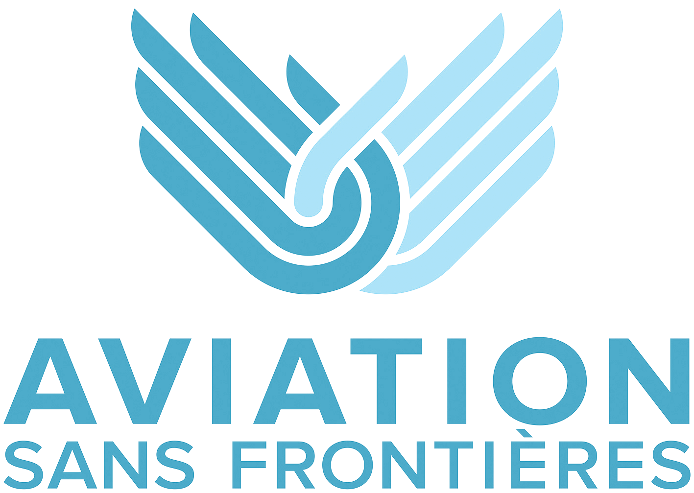 Logo bleu stylisé avec ailes entrelacées et texte 'Aviation Sans Frontières'.