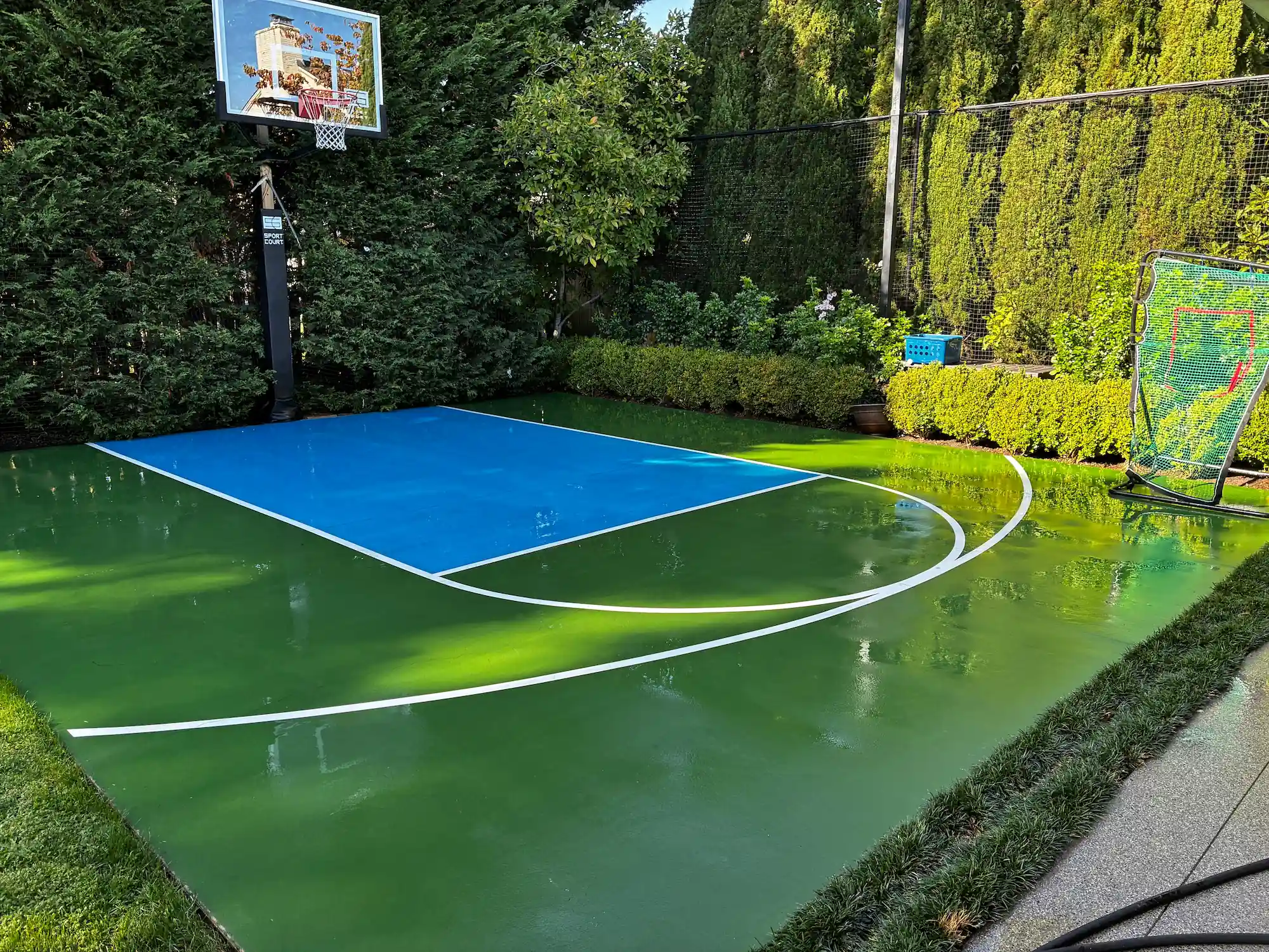 Private outdoor basketball half-court with green and blue surface surrounded by tall greenery and bushes.