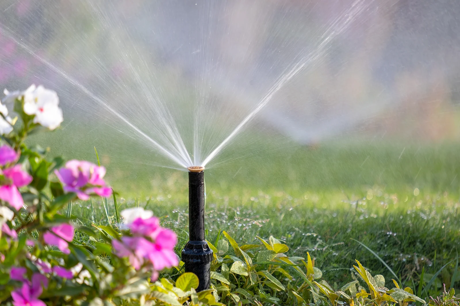 Garden sprinkler watering green grass and colorful flowers in a sunny outdoor setting.