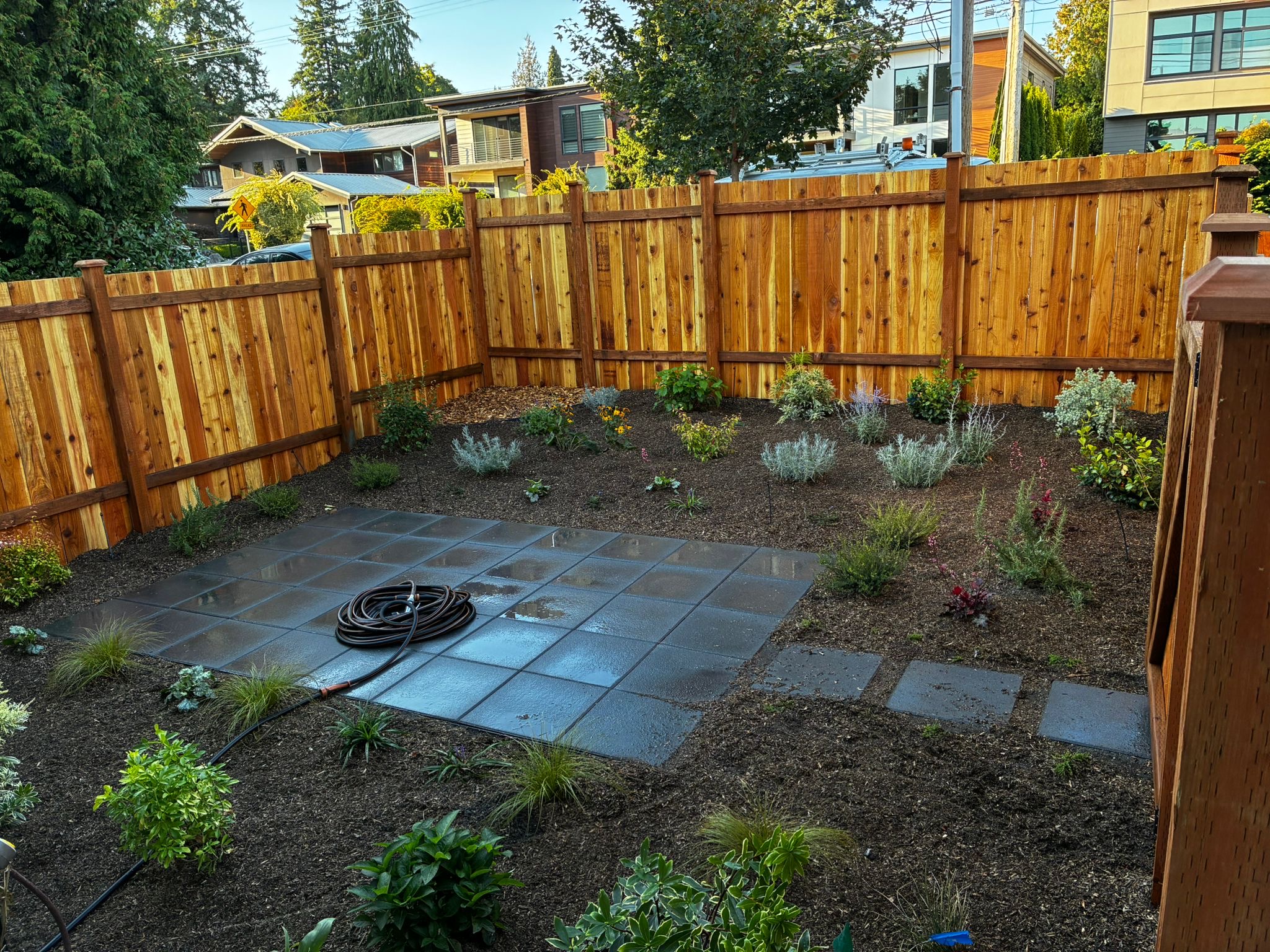 Backyard garden with newly planted shrubs and flowers, a rolled garden hose on a wet stone patio, and wooden fencing surrounding the area.