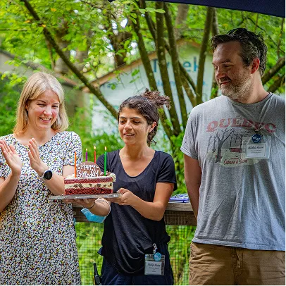 The team celebrating a birthday.