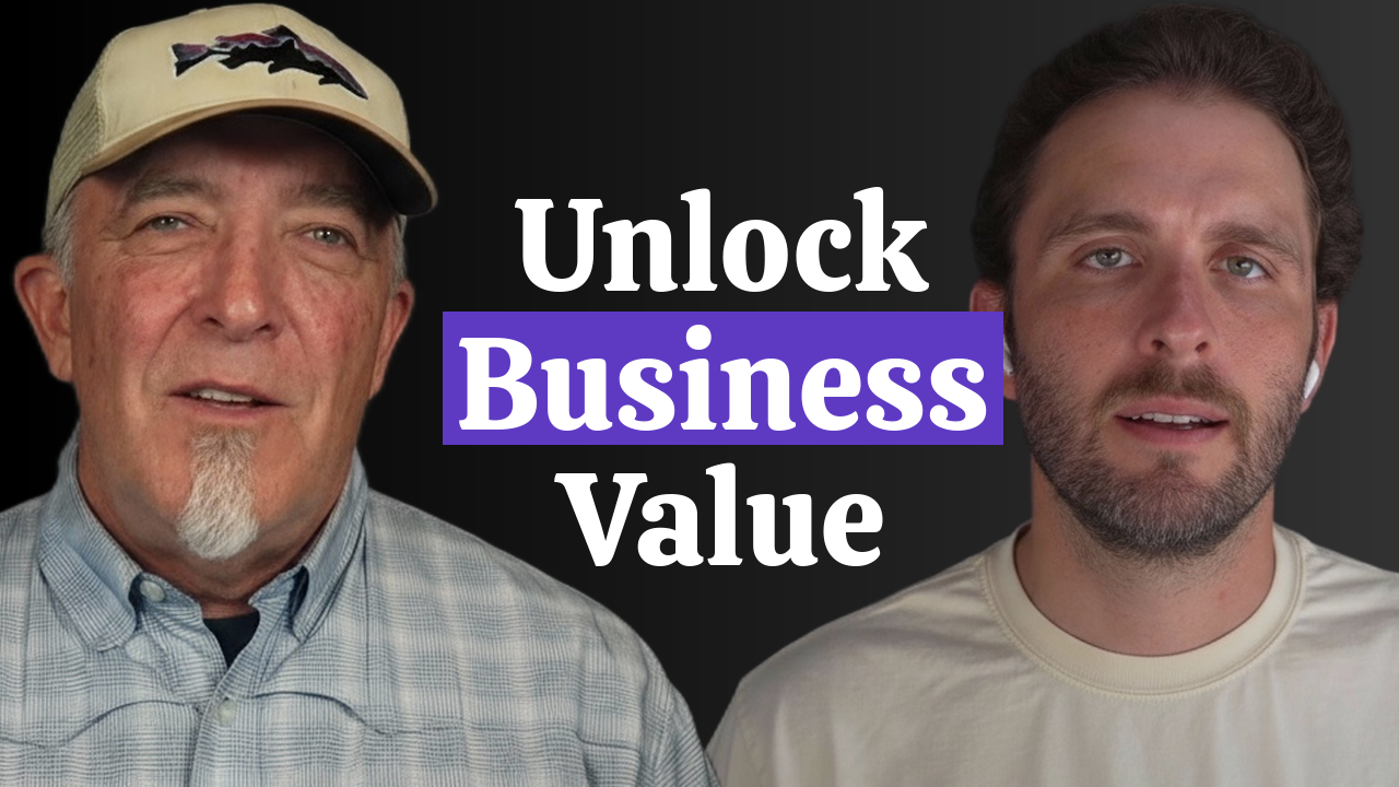 Two men facing forward with text 'Unlock Business Value' between them on a dark background.