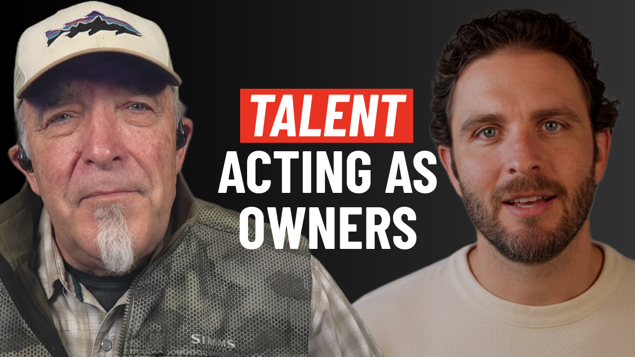 Two men with neutral expressions on a black background with the text 'TALENT ACTING AS OWNERS' in bold white and red letters between them.