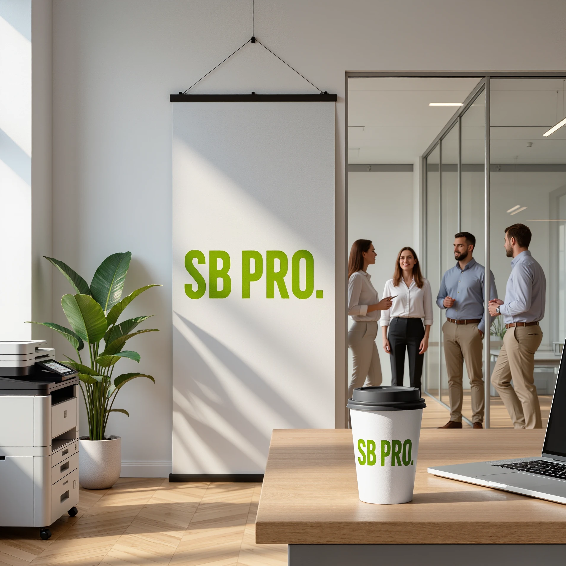 Équipe de professionnels en réunion dans un bureau moderne SB Pro, illustrant la mise en place de solutions d’impression et de dématérialisation efficaces.